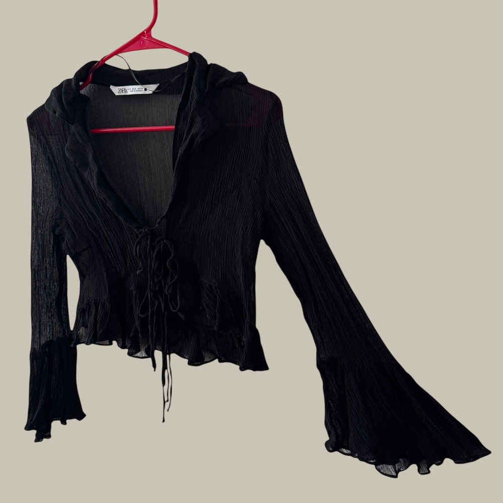 Zara Sheer Plisse Tie Front Top S Black Bell Sleeve Ruffle Witchy Vamp Romantic